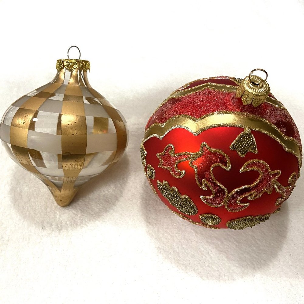Pair of Large Vintage Red & Gold Unique Ornaments